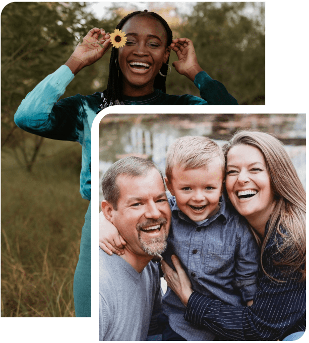 Collage of two photos happy smiling woman on the first and happy family all smiling on the second